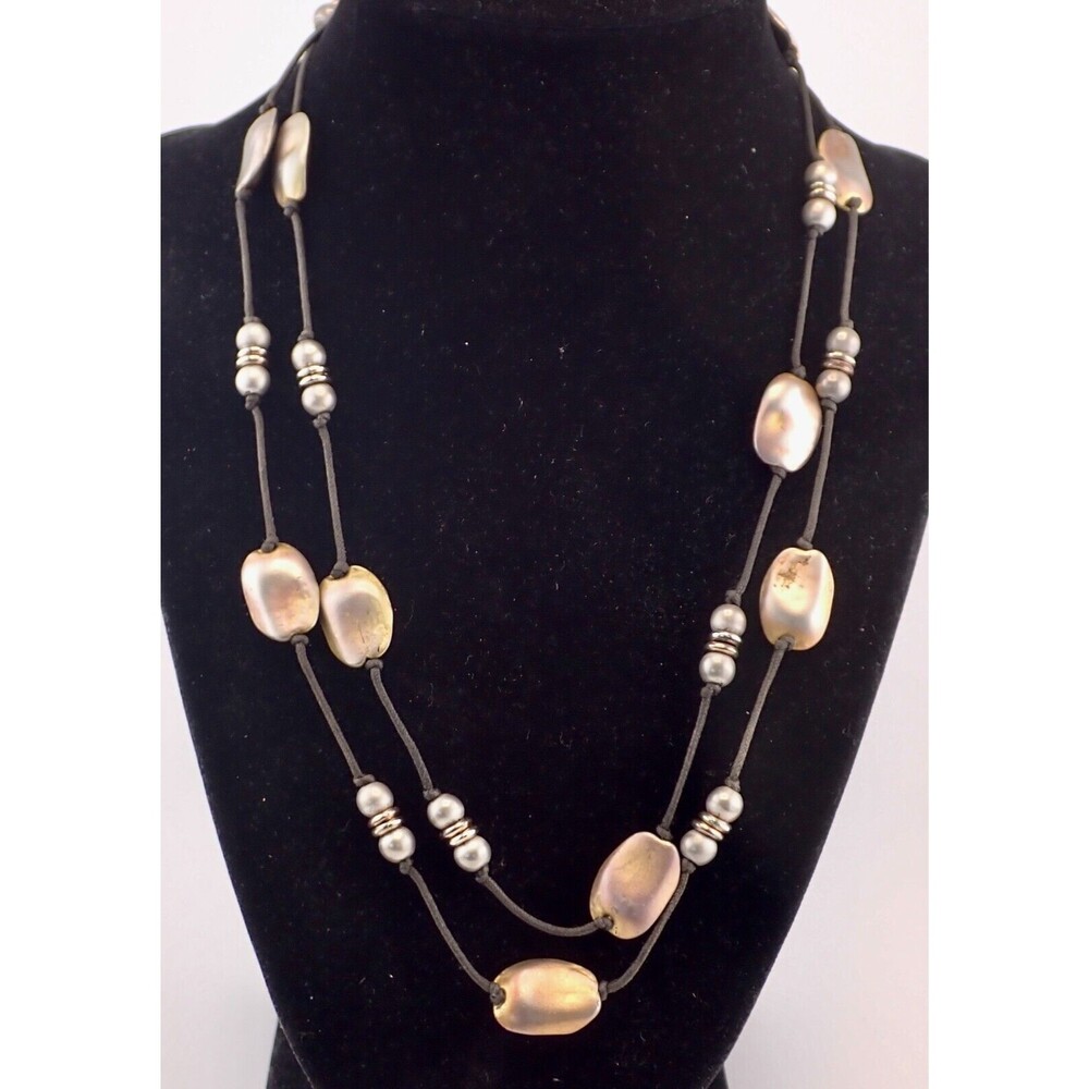 Silver Stone Beaded Necklace on Leather Rope 38" Length Heavy May be Sterling